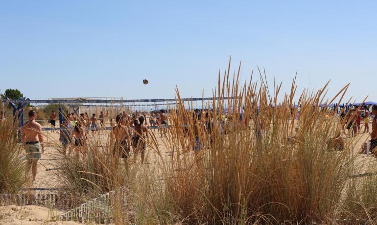 Beach volleyball players on a sunny beach.