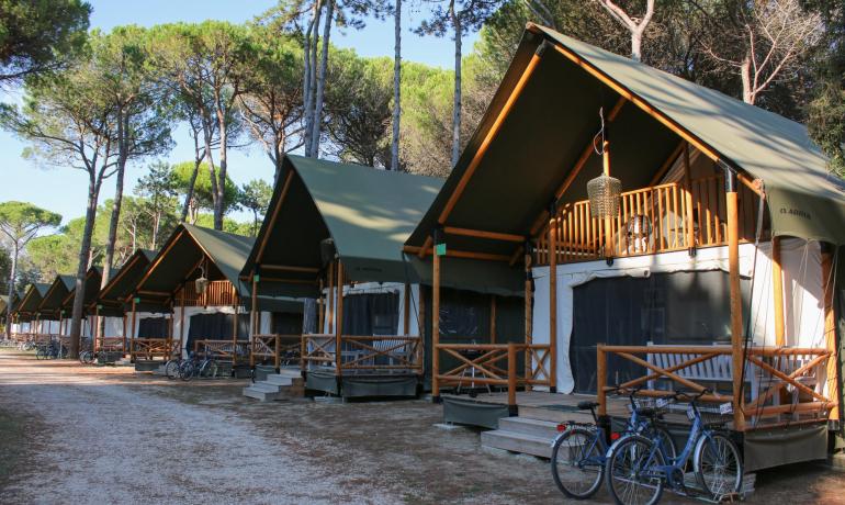 Glamping tents among trees, parked bicycles.